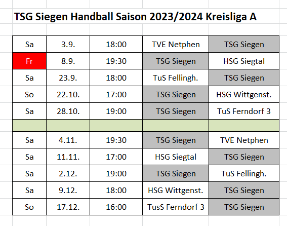 TSG-Handball Spielplan Herren
